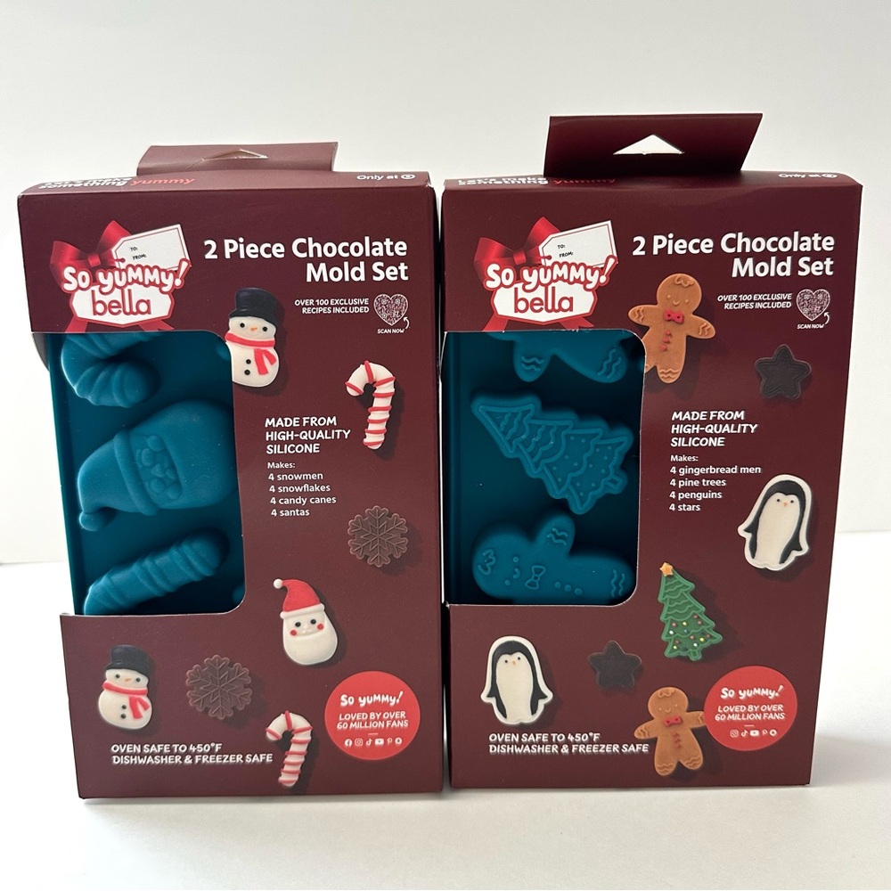 2 PC Silicone Mold Set Candy Chocolate Soap Gummy Santa Snowmen Canes Snowflakes